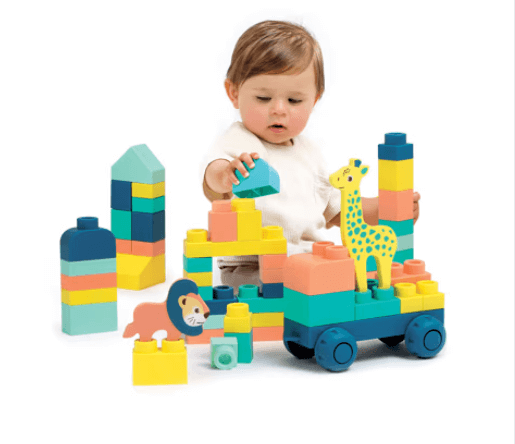 Baril BRIQUI 53 briques avec 1 véhicule et 2 animaux en mousse Ludi