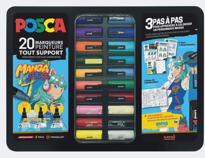 Mallette en métal de 20 marqueurs Posca - Couleurs assorties - Manga